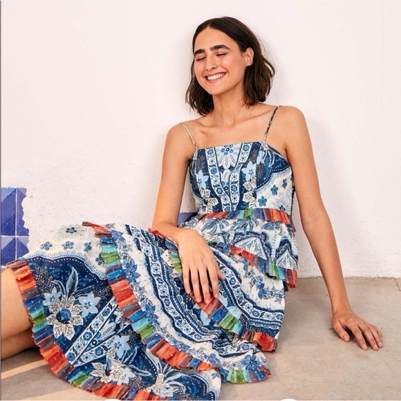 FARM Rio Dresses & Skirts - Farm Rio Blue Palms Tiered Midi Dress